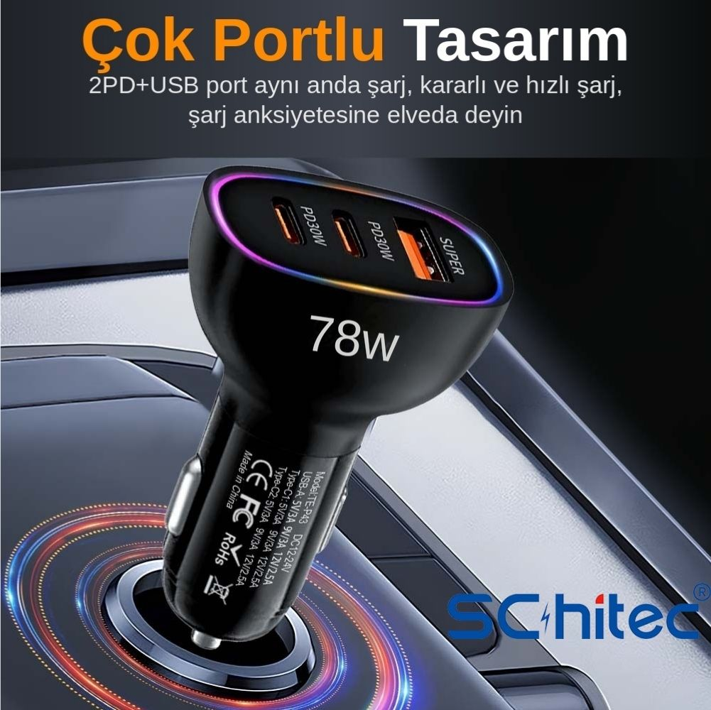Siyah araç şarj cihazı 3 portlu, 78W, ışıklı kenarlar.
