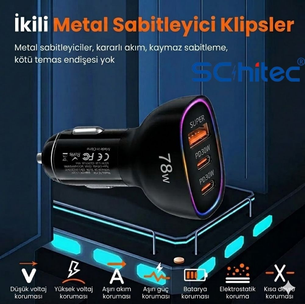 Üç USB bağlantı noktalı ve aydınlatmalı siyah 78W araç şarj cihazı.