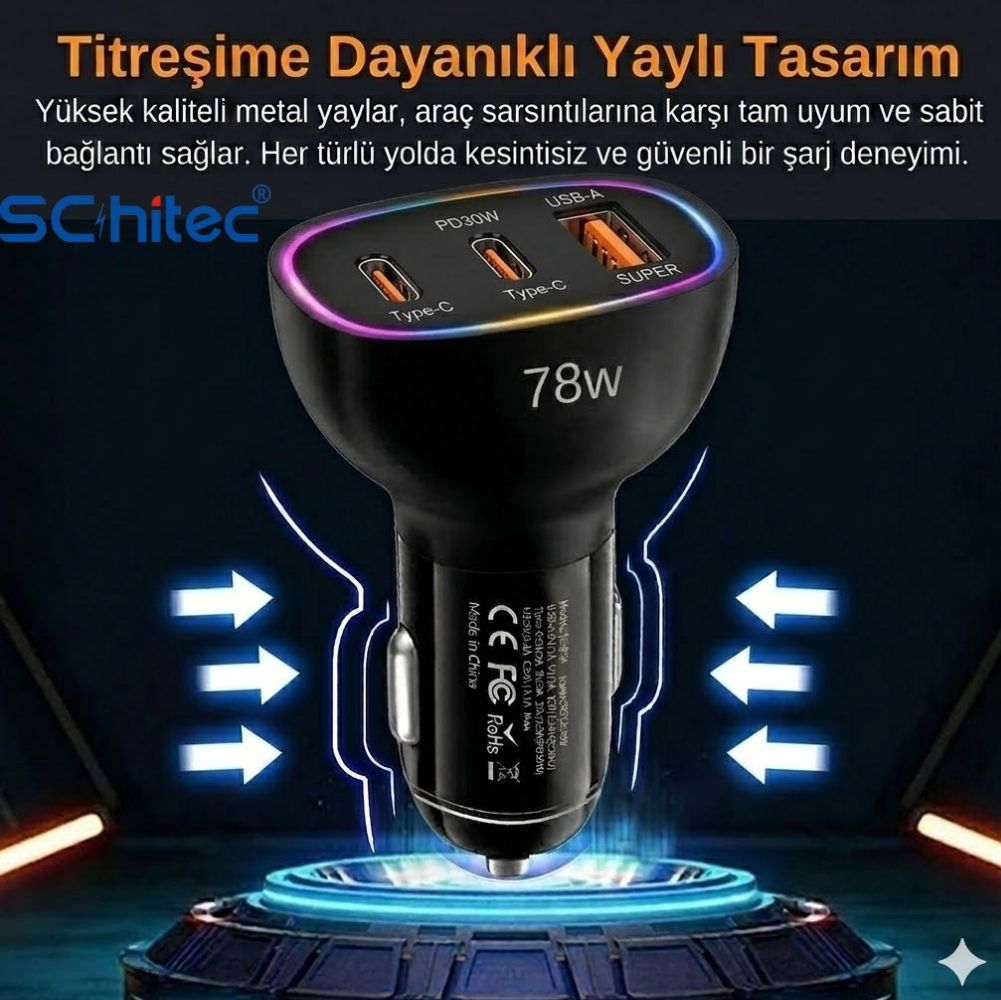 Üç portlu siyah 78W araç şarj cihazı: 2x USB-C, 1x USB-A.