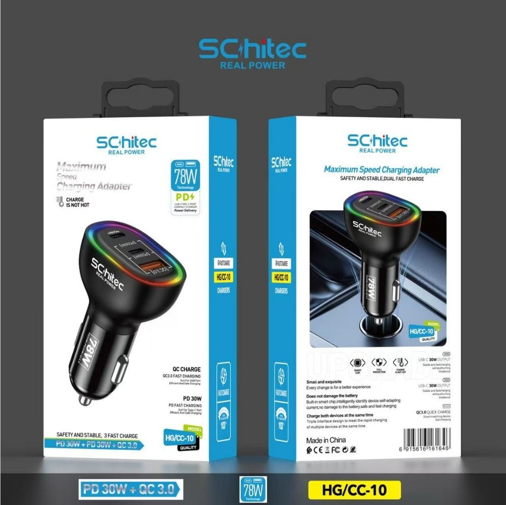 Çift USB-C bağlantı noktalı ve LED aydınlatmalı Schi-tec 78W araç şarj cihazı.