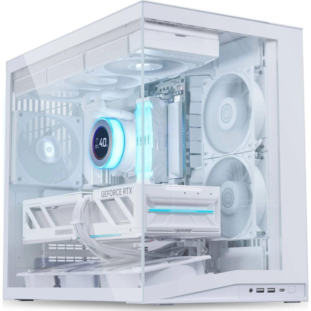 RGB aydınlatmalı, sıvı soğutmalı ve RTX ekran kartlı beyaz PC.