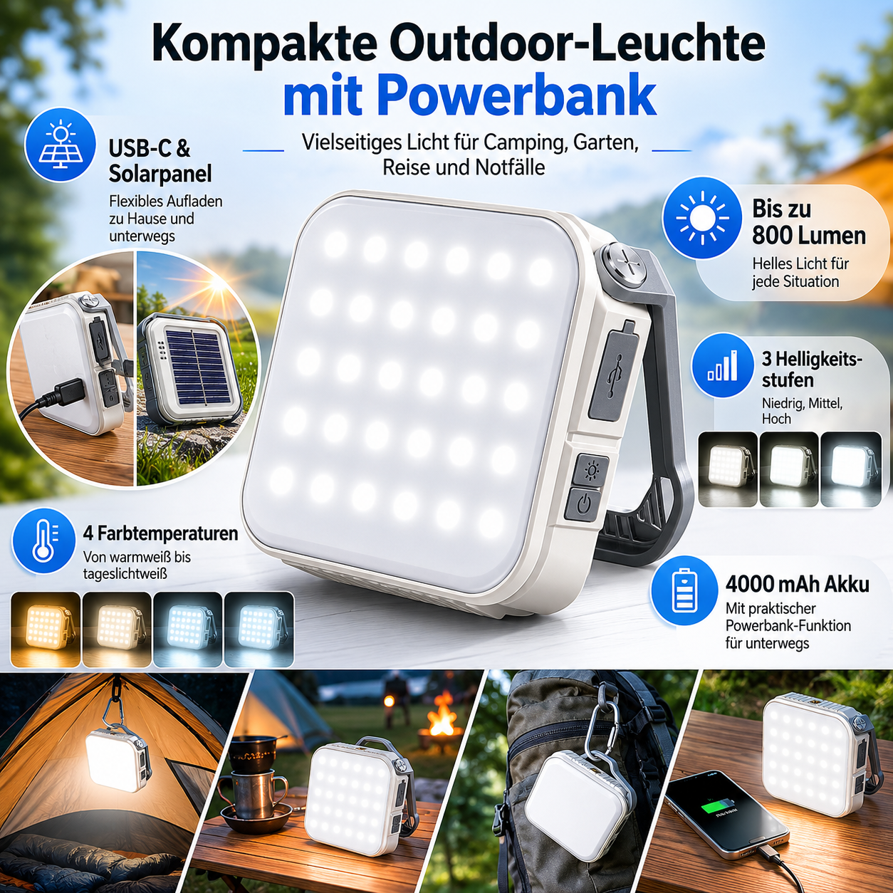 Kompakte Outdoor-Leuchte mit Powerbank, USB-C, Solarpanel, bis zu 800 Lumen, 4 Farbtemperaturen.