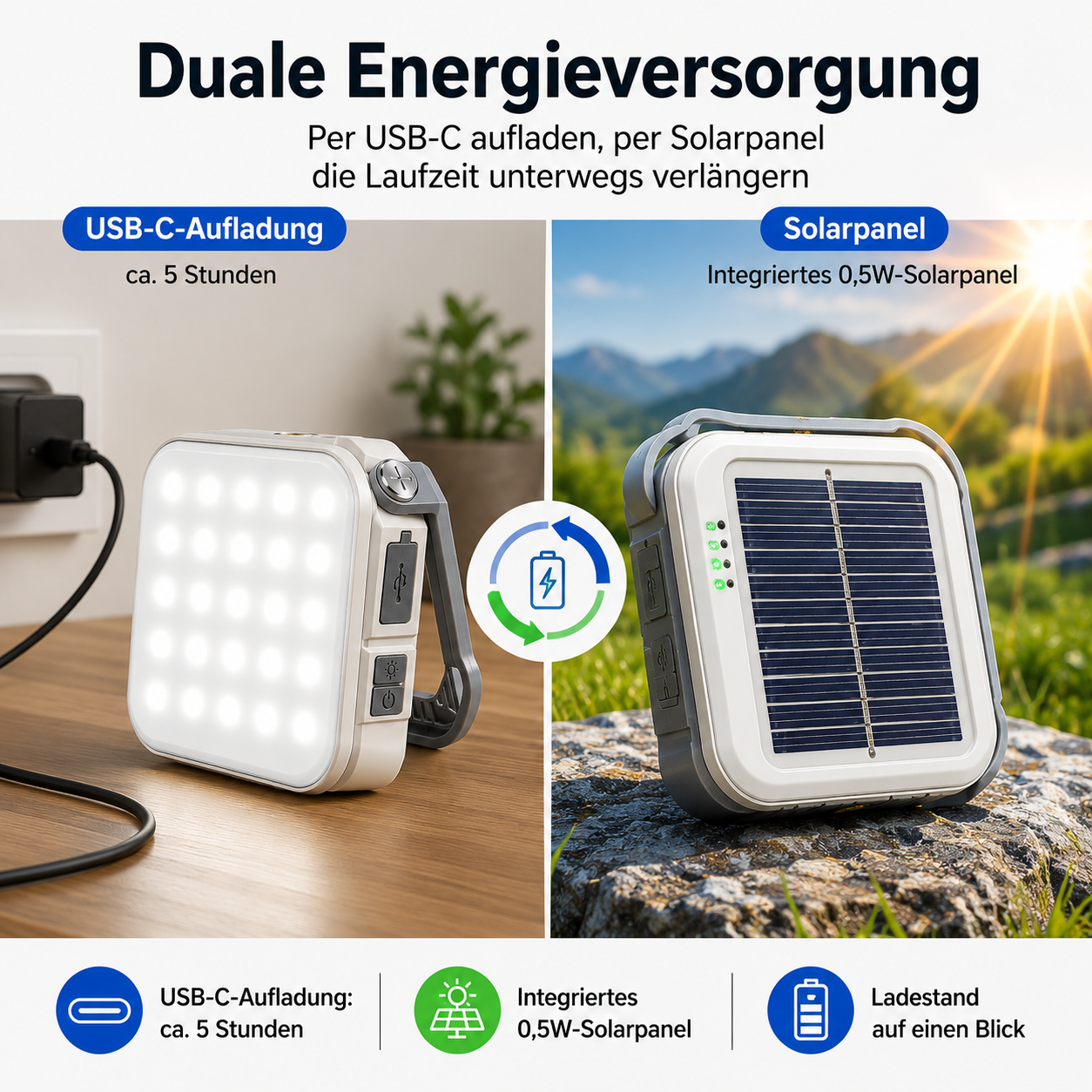 Ein Gerät mit zwei Lademethoden: USB-C und Solarpanel.
