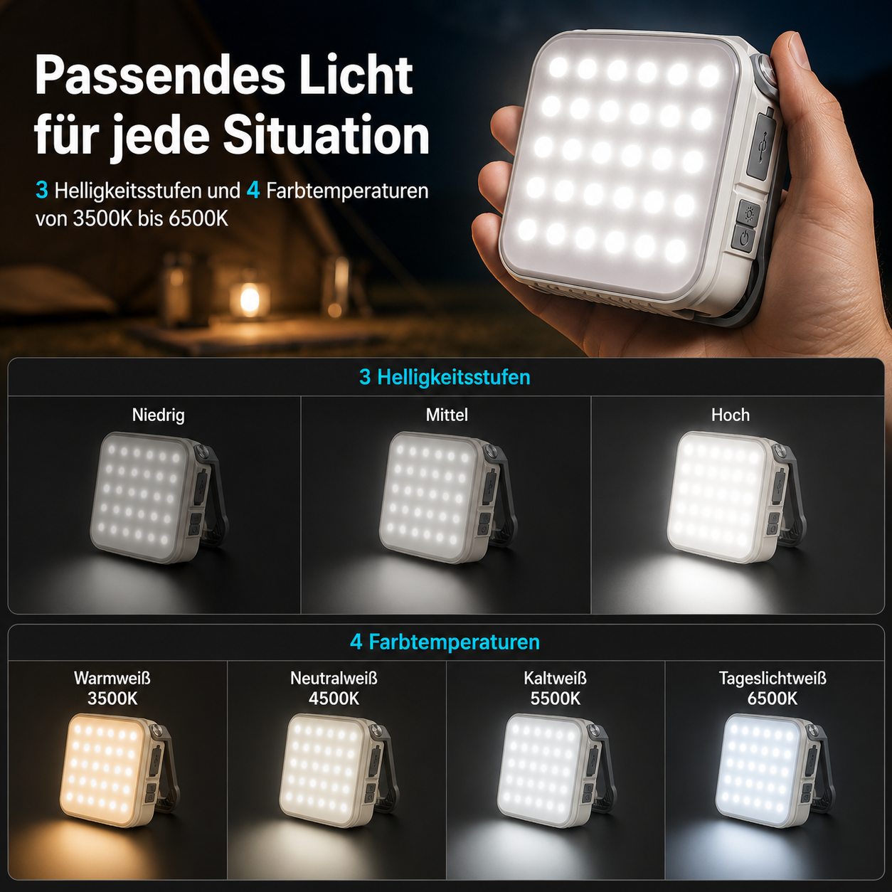 Ein tragbares Lichtgerät mit einstellbarer Helligkeit und Farbtemperatur.