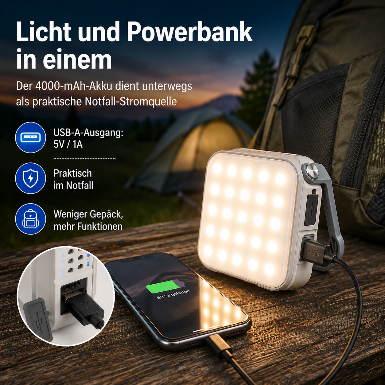 Eine helle Powerbank mit LED-Licht lädt ein Smartphone auf, Campingausrüstung im Hintergrund.