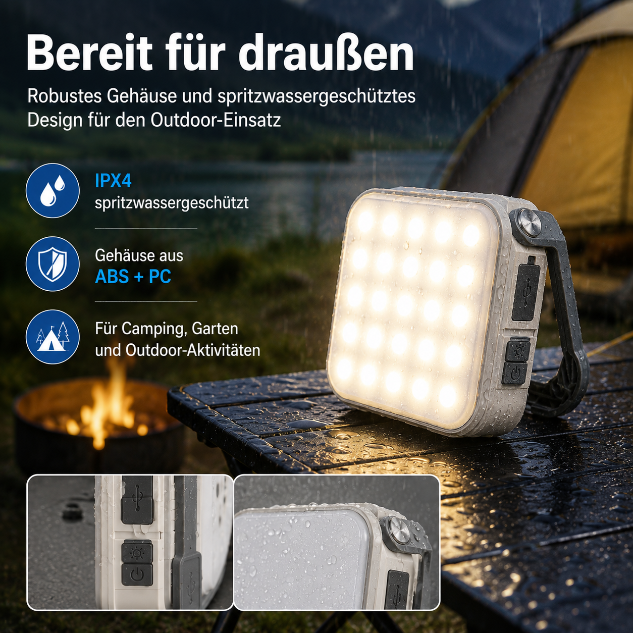 Eine helle Outdoor-Lampe steht auf einem nassen Tisch, neben einem Lagerfeuer und Zelt.