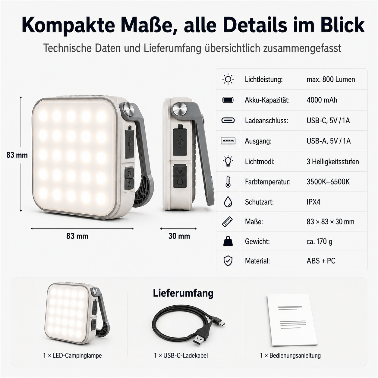Kompakte LED-Campinglampe mit Spezifikationen: 800 Lumen, 4000 mAh, USB-C/A, 3 Modi, IPX4, 83x83x30mm.