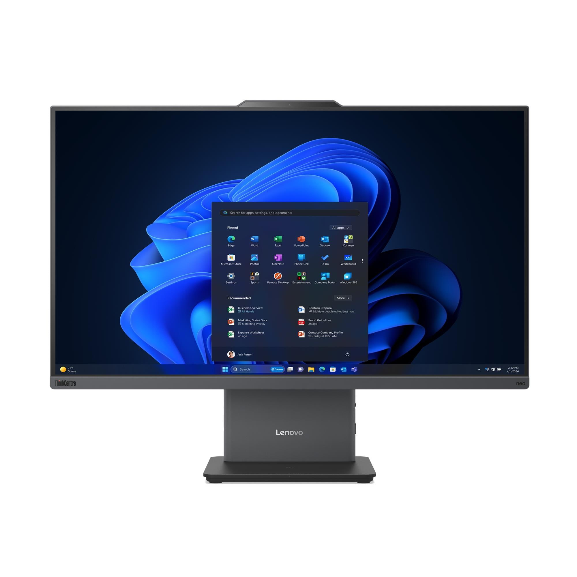 Un PC all-in-one Lenovo ThinkCentre che mostra il menu Start di Windows 11 con sfondo blu.