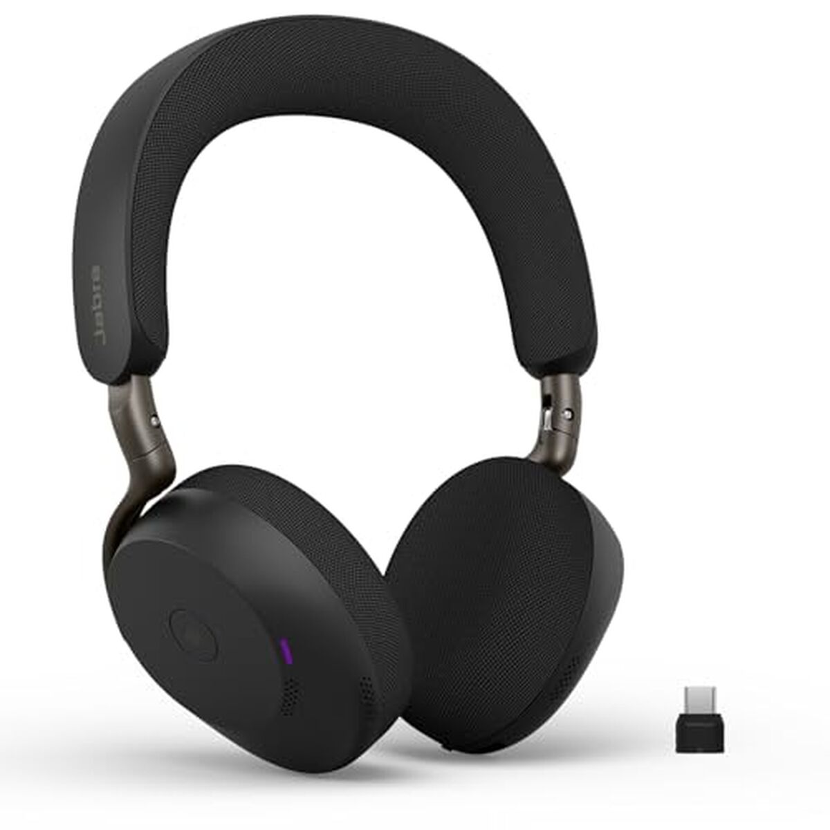 Cuffie Jabra nere con dongle USB-C su sfondo bianco.