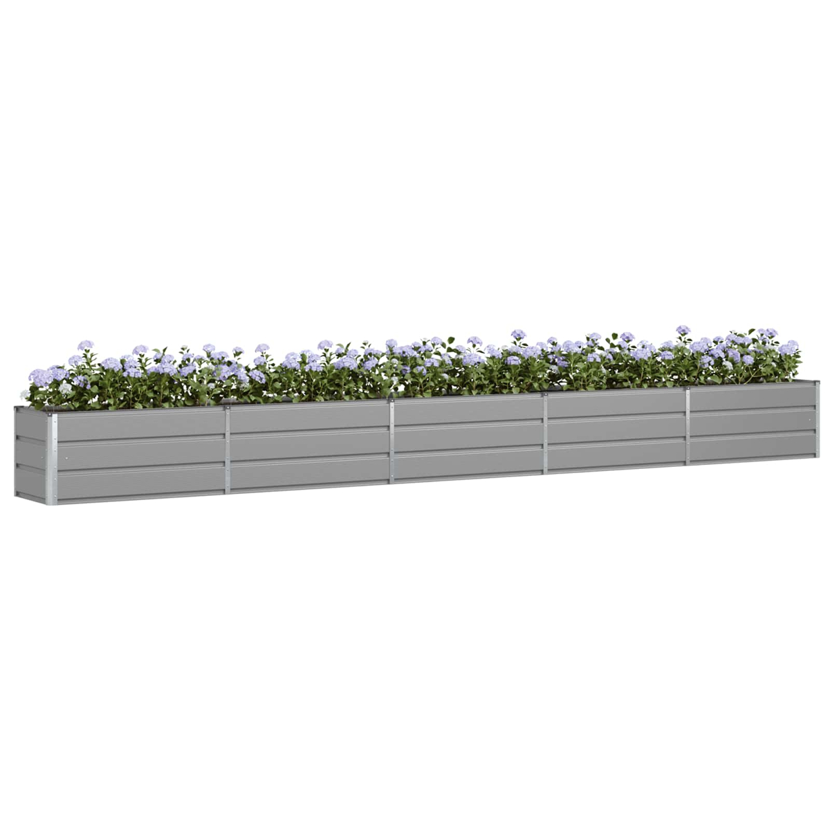 Grauer Hochbeet mit lila Blumen auf weißem Hintergrund.