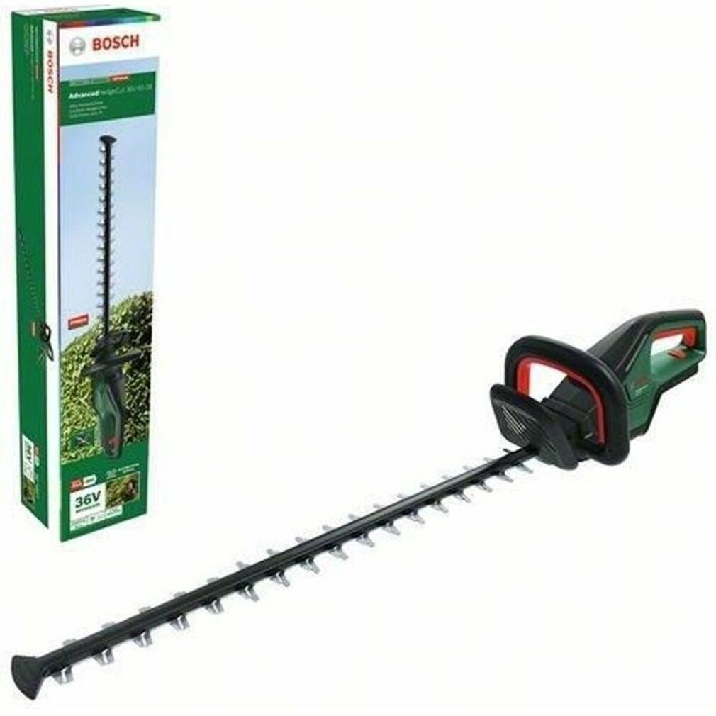 Grüner Bosch Heckenschneider mit langer Klinge und Verpackung daneben.