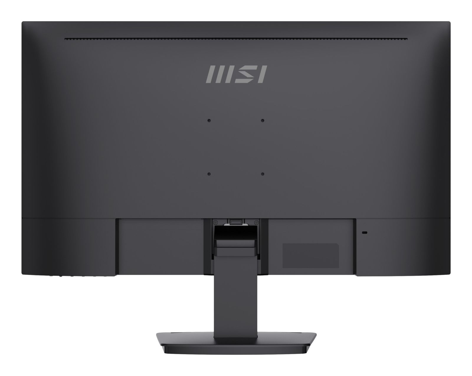 Tył czarnego monitora MSI ze stojakiem i portami.
