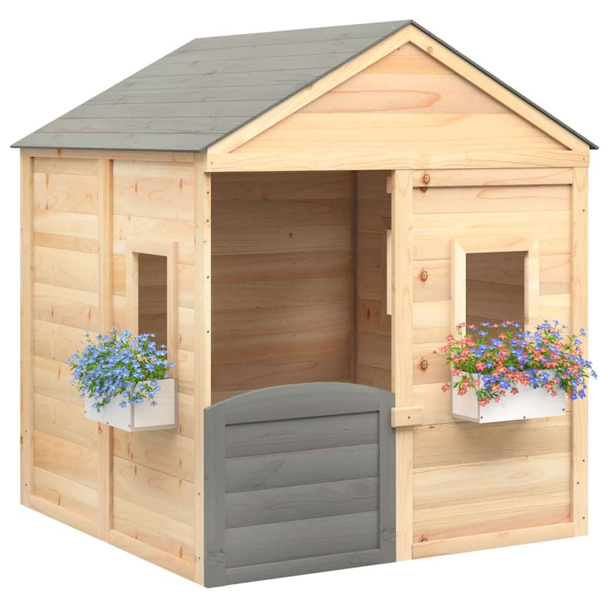 Una casa giochi in legno con tetto grigio, fioriere e fiori.