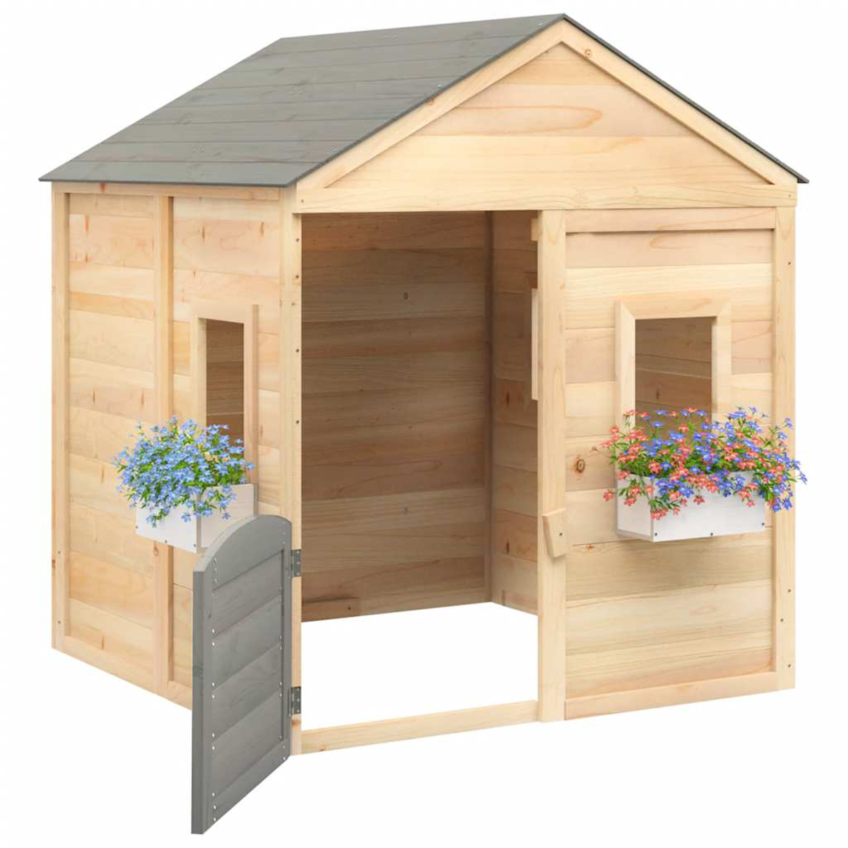 Casetta in legno con tegole grigie, porta aperta e fioriere.