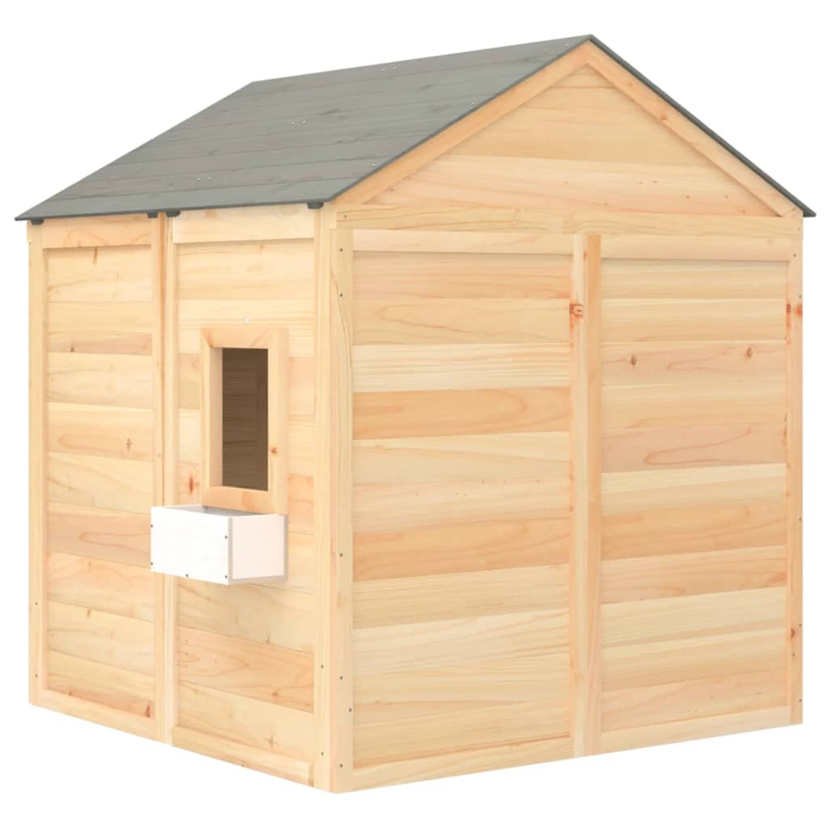 Casa in legno con tetto grigio, finestra e fioriera bianca.