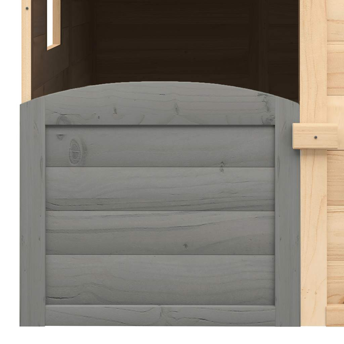 Un cancello in legno con doghe grigie e una recinzione in legno accanto.