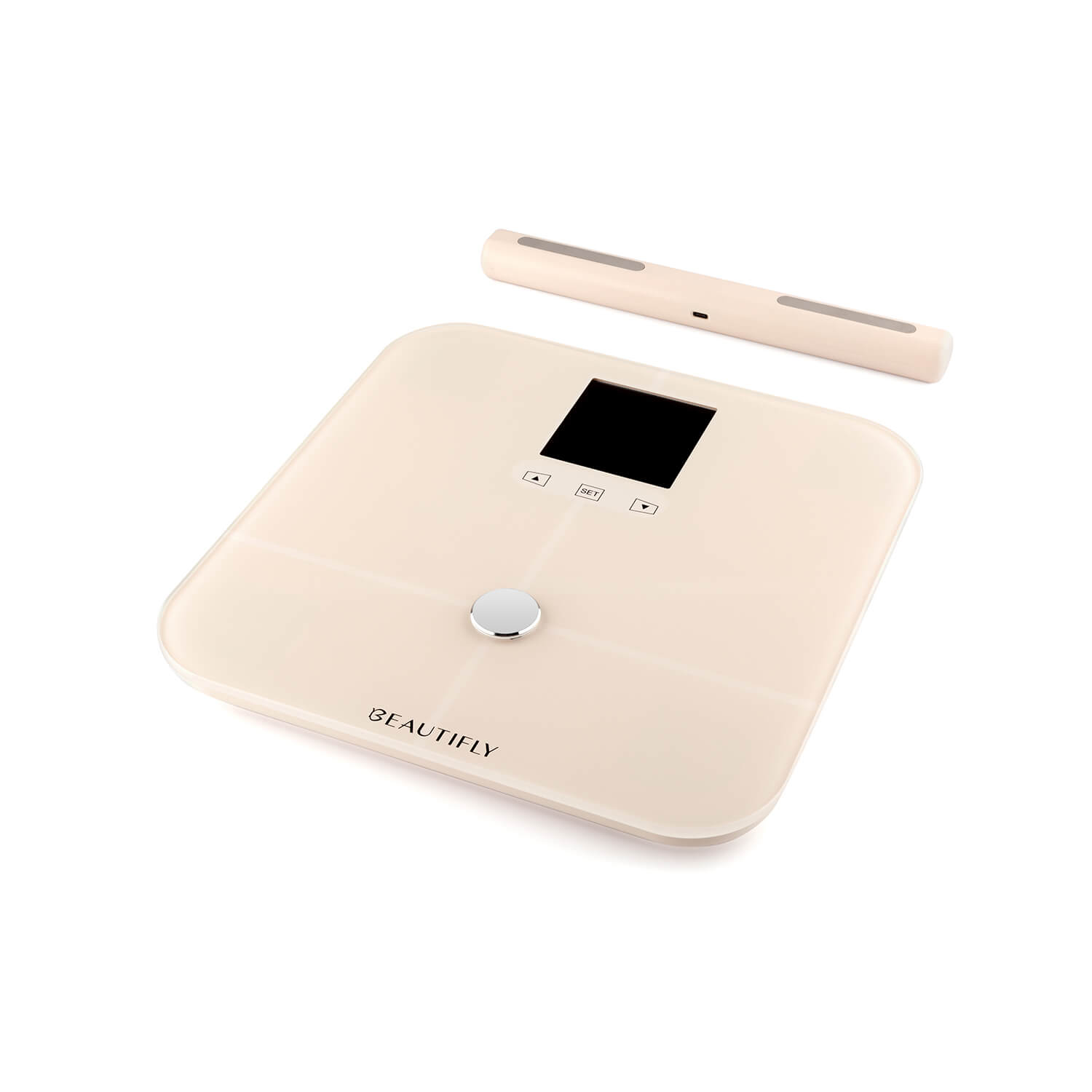 Una báscula corporal beige con pantalla negra y barra medidora separada.