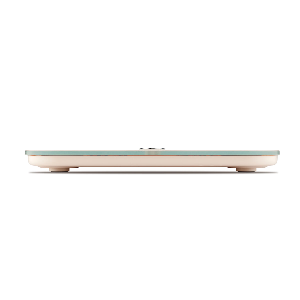 Una báscula rectangular plana con cuerpo blanco y verde claro sobre fondo blanco.