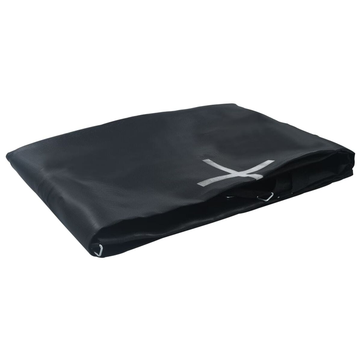 Tappeto trampolino nero con logo X bianco, piegato, su sfondo bianco.