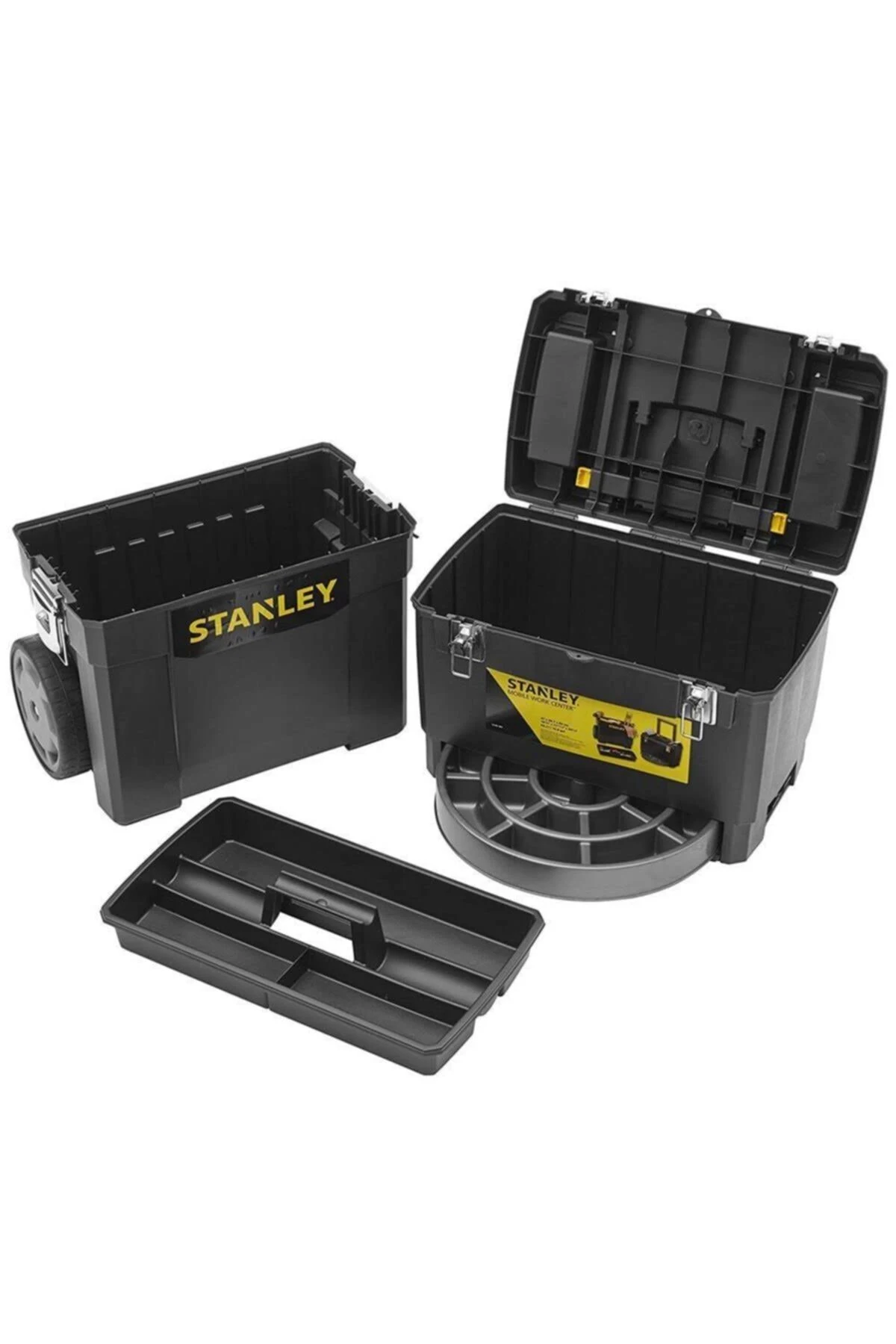 Cassetta degli attrezzi Stanley nera con coperchio aperto, cassetto e ruote.