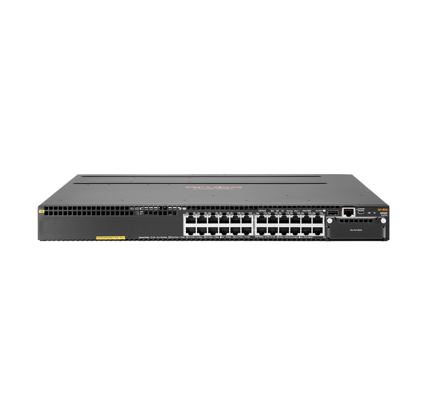 Aruba 3810M Netzwerkswitch mit mehreren RJ45-Anschlüssen, Konsole und USB-Anschlüssen.