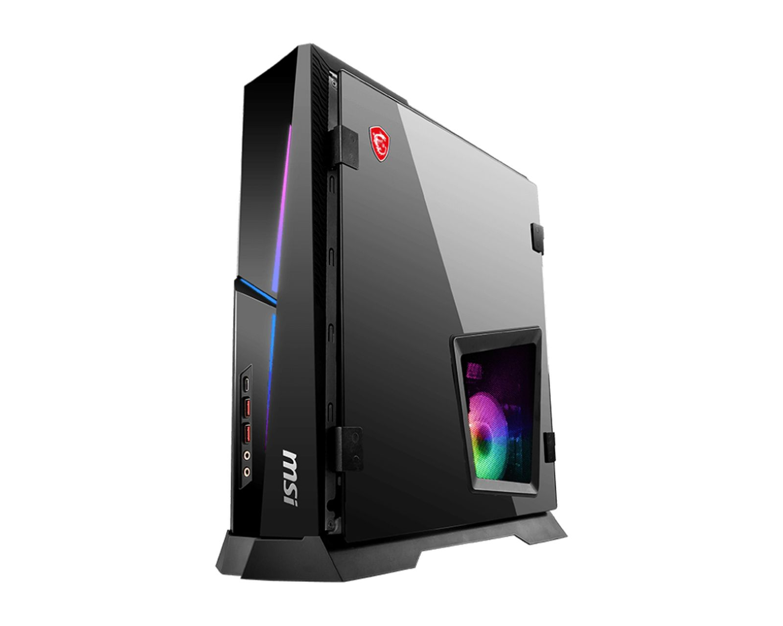 Computer desktop gaming MSI nero con illuminazione RGB frontale e interna.