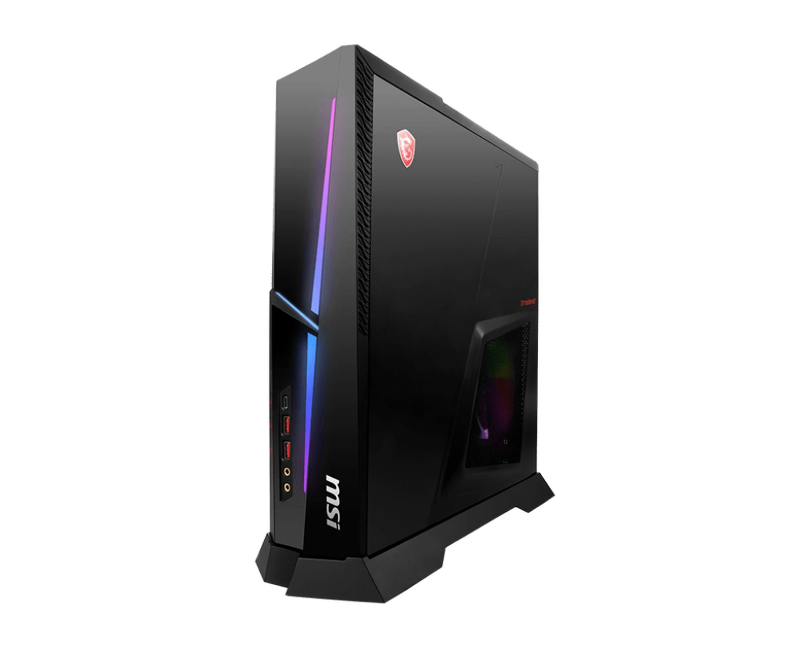 PC gaming MSI nero con illuminazione blu-viola e prese d'aria laterali.