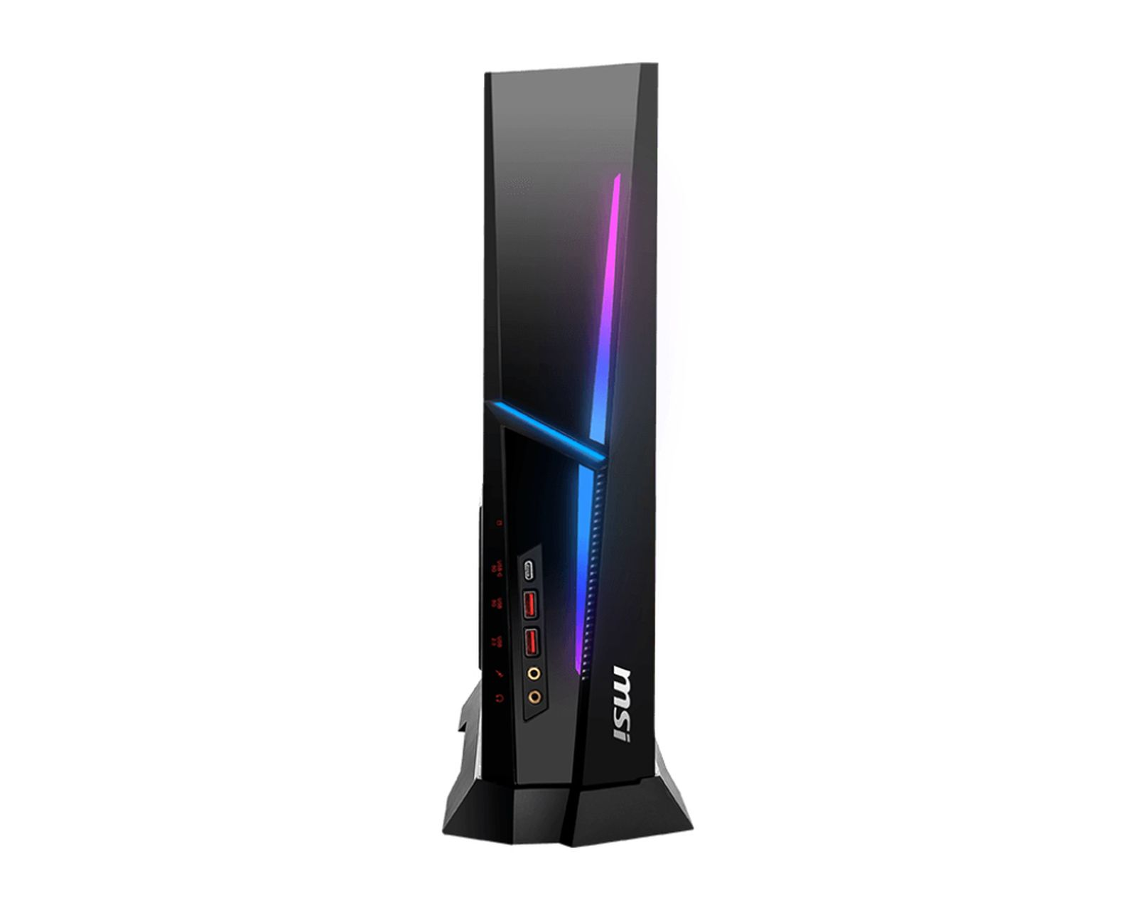 Una torre PC gaming MSI alta e nera con illuminazione RGB blu e rosa sul davanti.