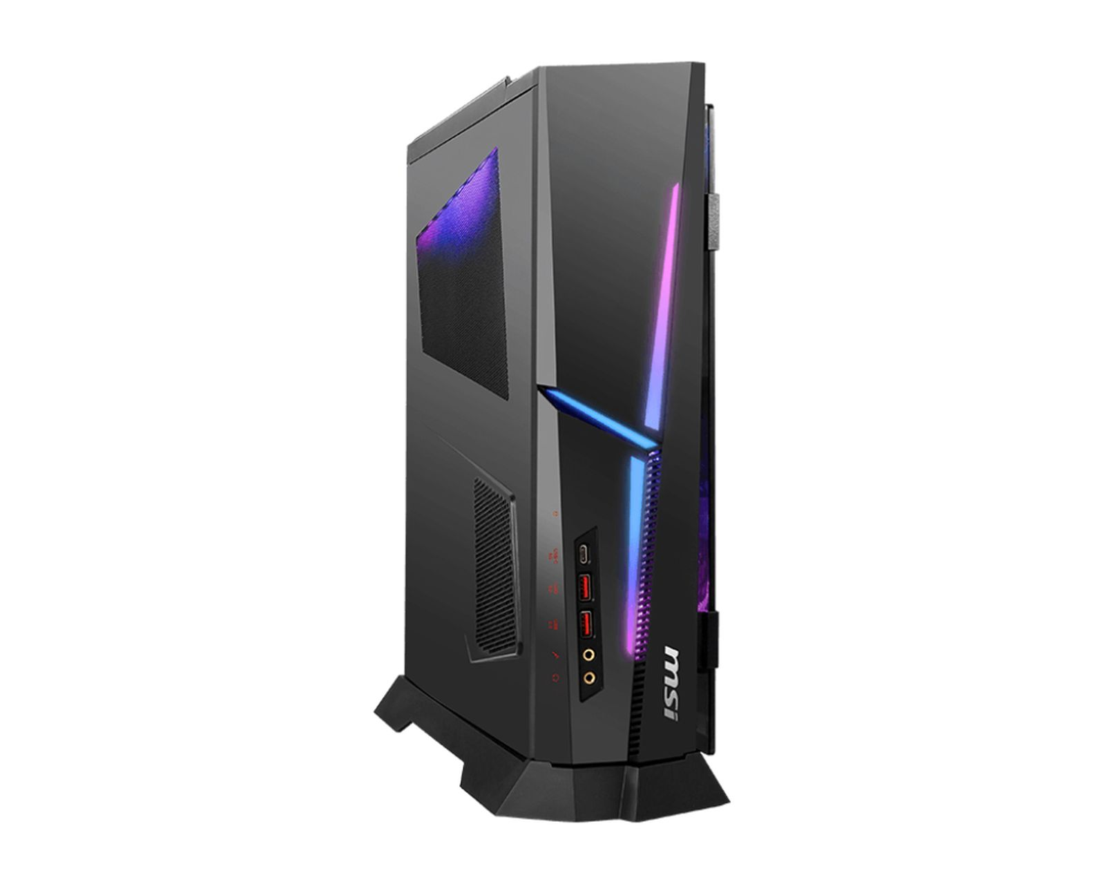 PC da gaming nero con illuminazione RGB e logo MSI.