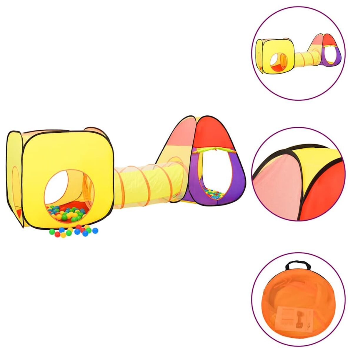 Un tunnel da gioco colorato con cubo e tenda, pieno di palline.