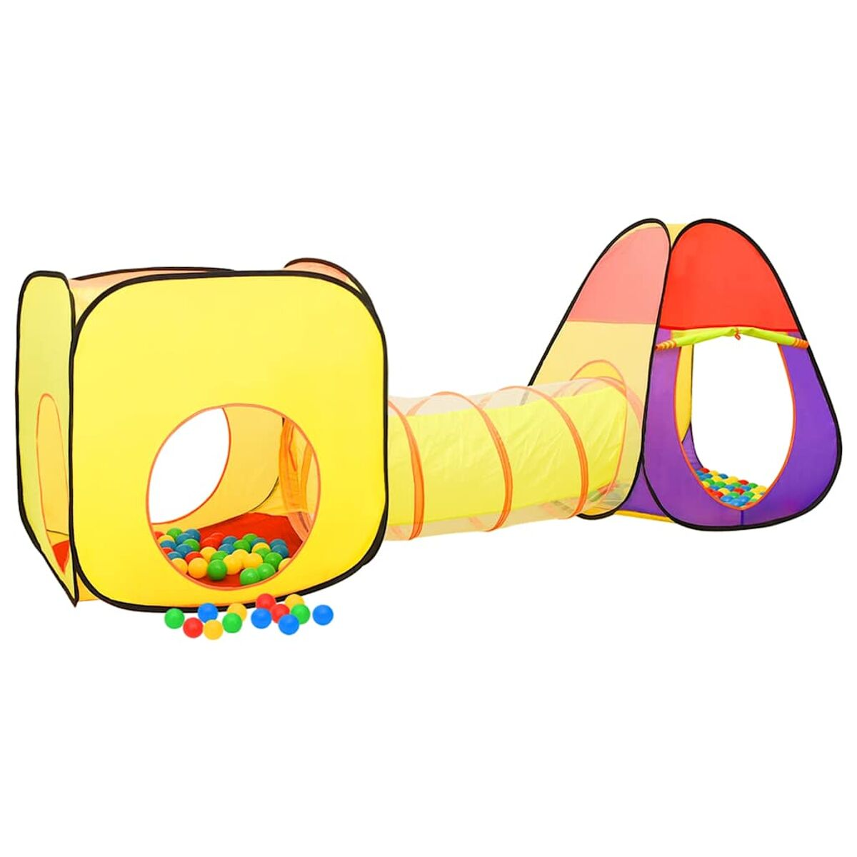 Casetta giochi gialla con tunnel e piscina palline viola con palline.