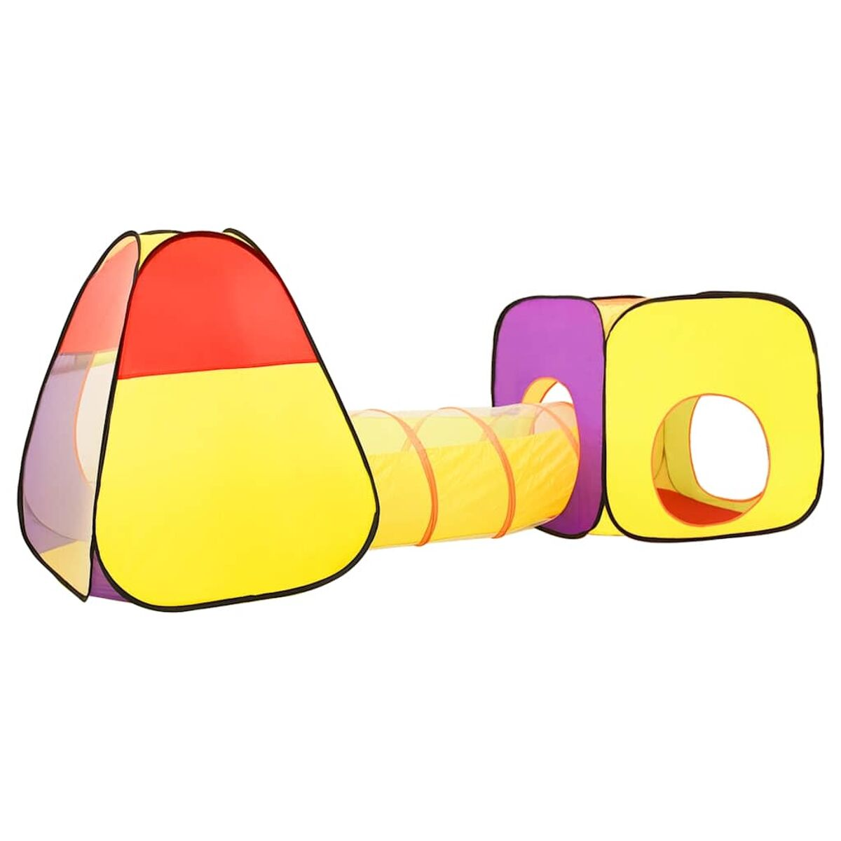 Un tunnel da gioco colorato con cubo e tenda gialli, rossi e viola.