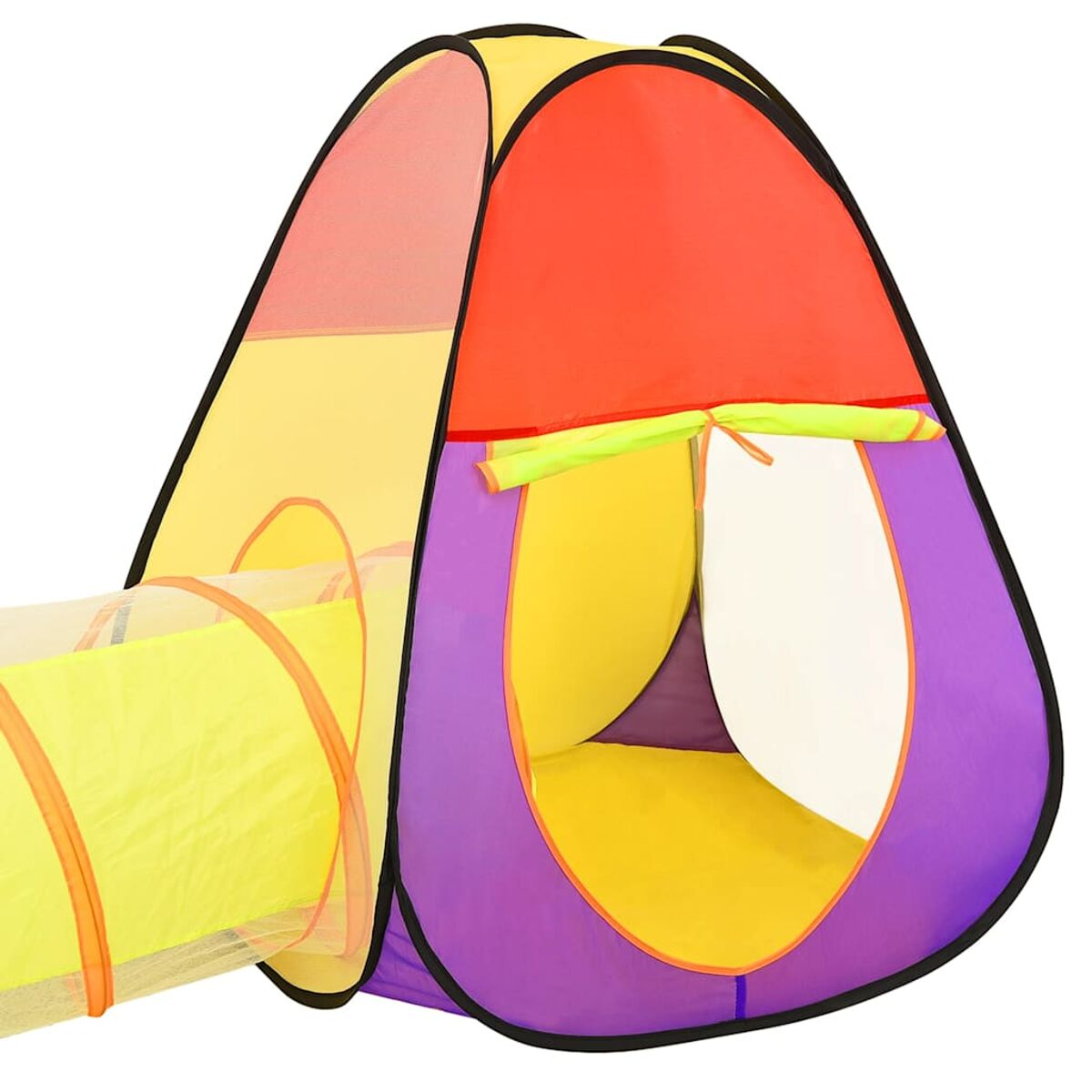 Un tunnel da gioco e tenda colorati in rosso, giallo e viola con finestre.