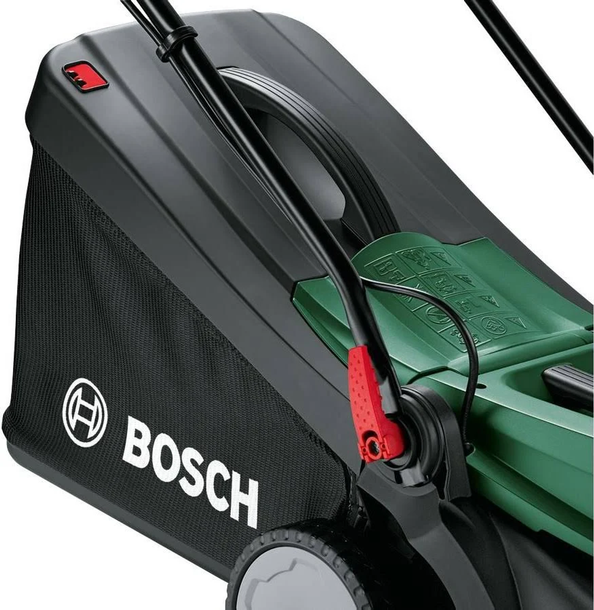 Nahaufnahme eines schwarzen Bosch Rasenmähers mit grünem Oberteil und Grasfangsack.
