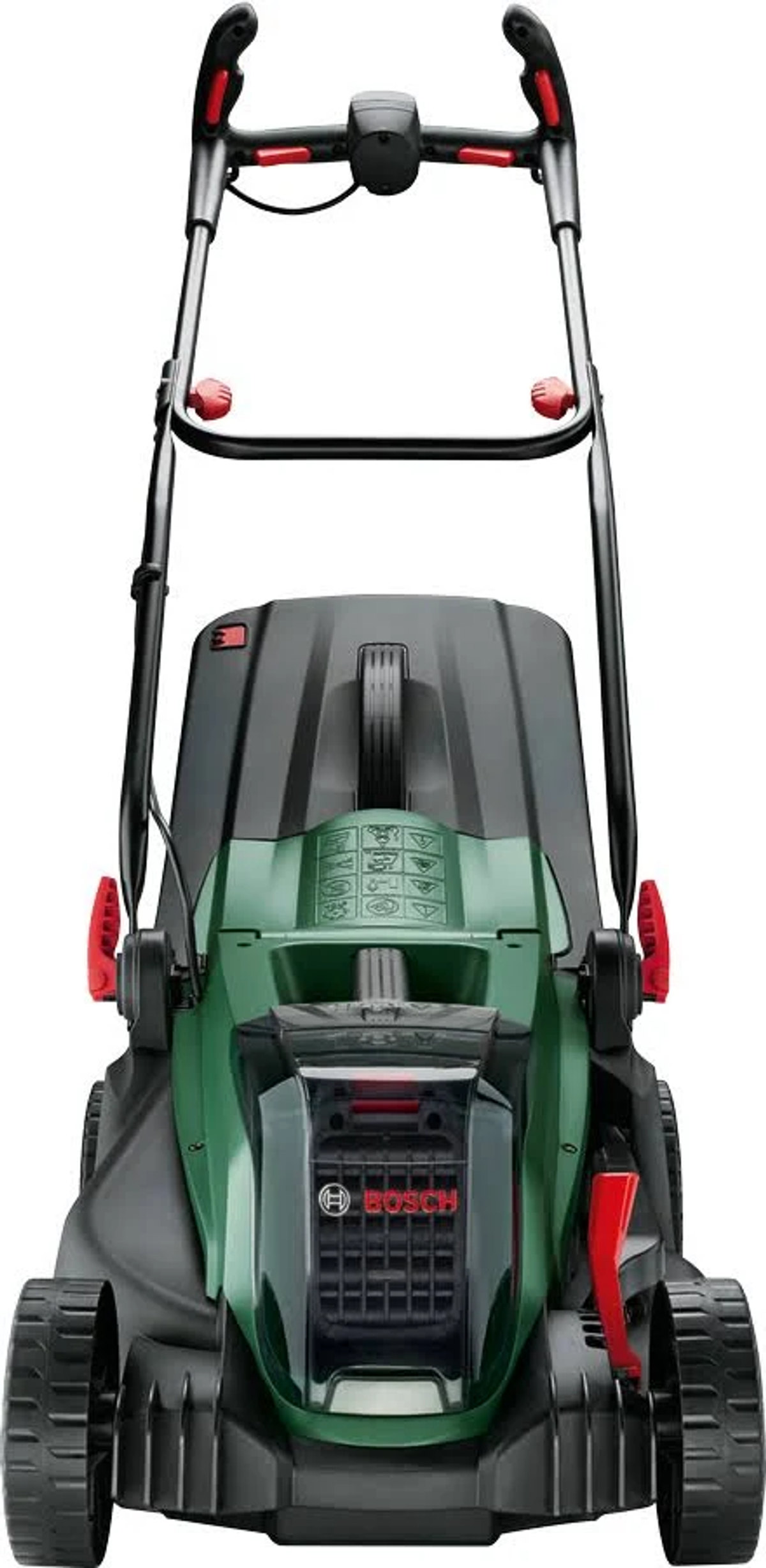 Ein grüner Bosch-Rasenmäher mit schwarzen Rädern und Griffen.