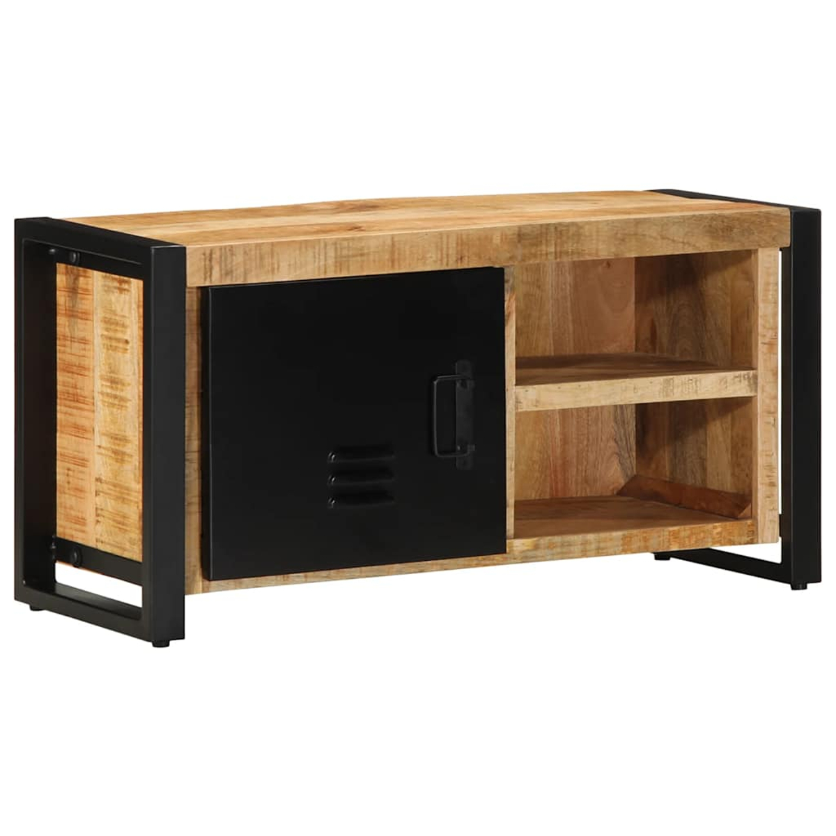 Un estante estrecho de madera con puerta metálica negra y compartimentos abiertos.