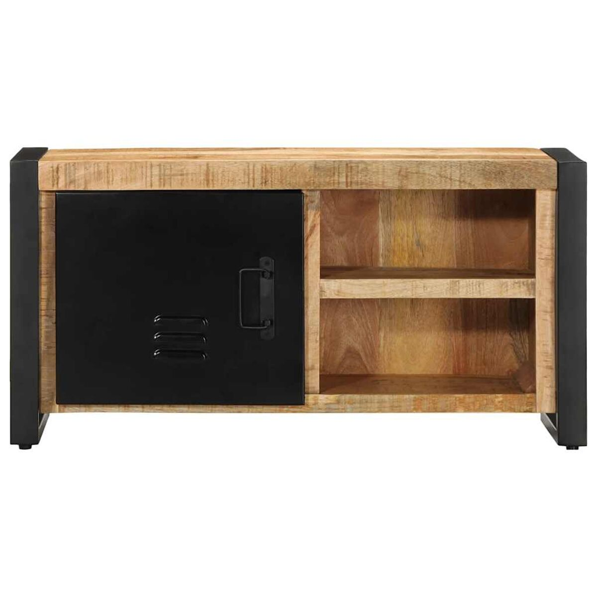 Un mueble de madera con puerta negra y estantes abiertos.