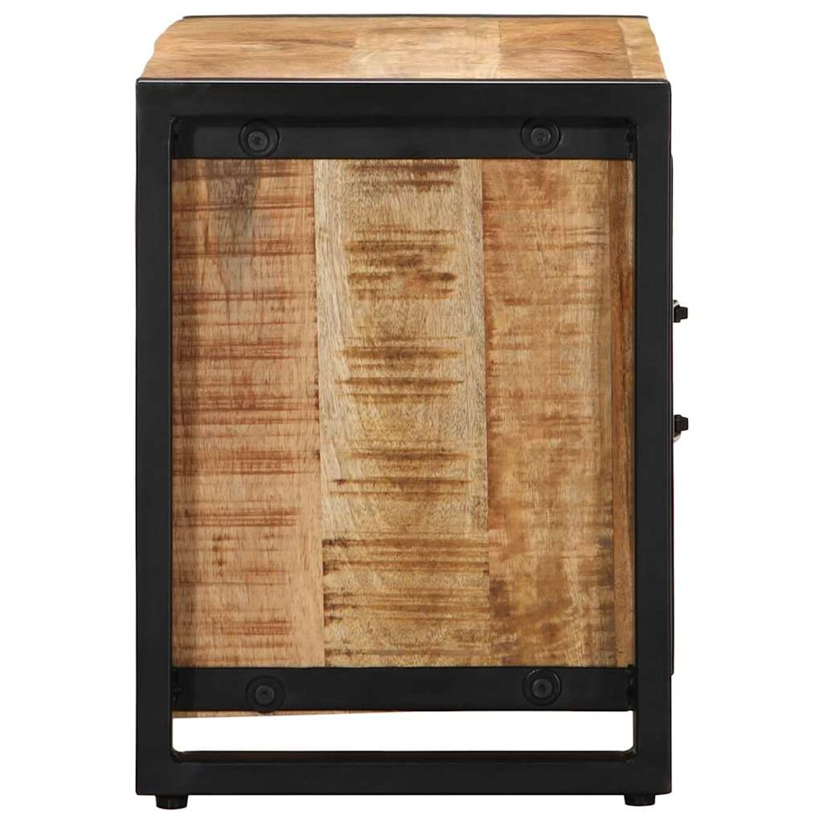 Armario de madera con marco de metal negro, visto de lado. Veta de madera natural.