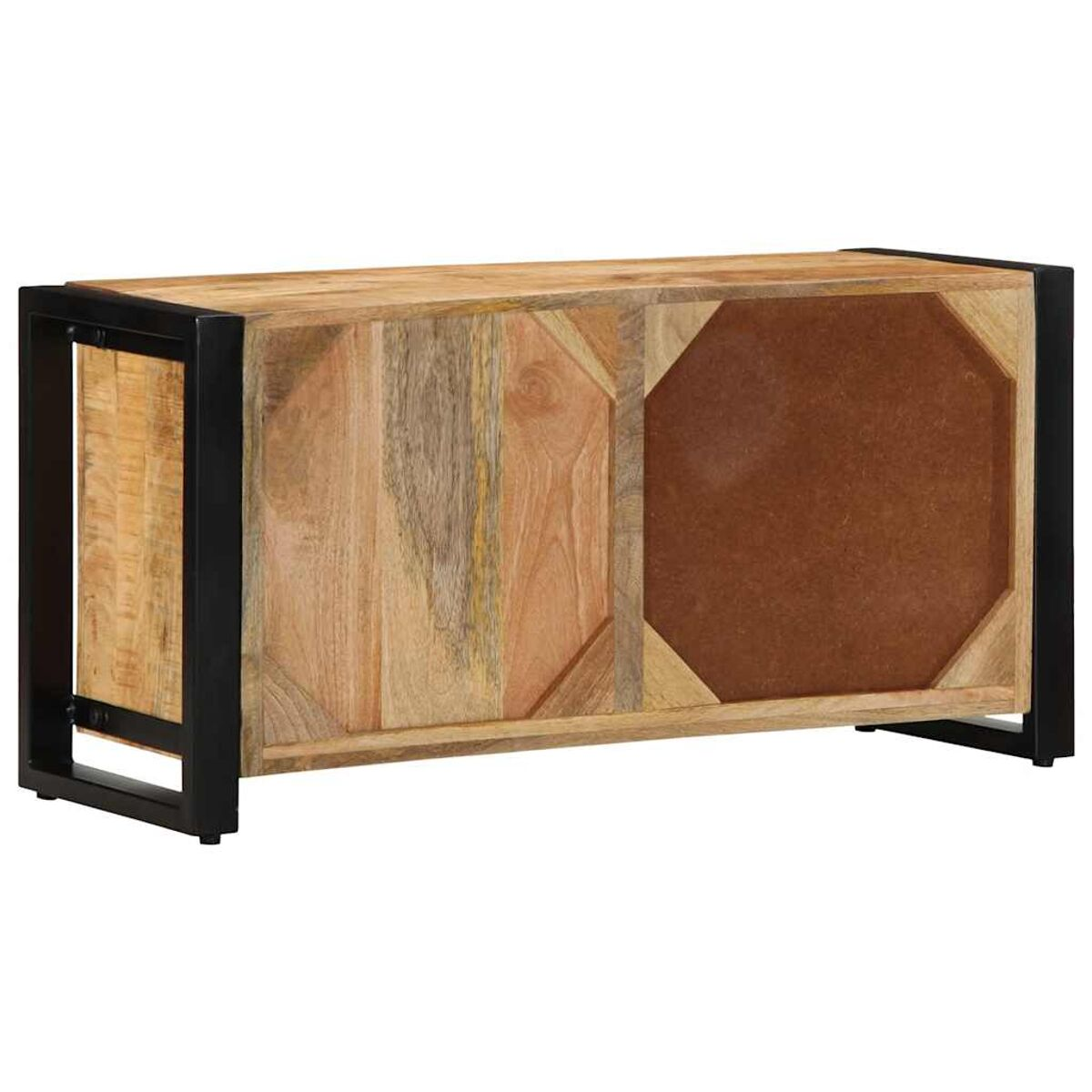 Un armario de madera con marco de metal negro. La superficie de madera tiene vetas variadas y diseños geométricos.