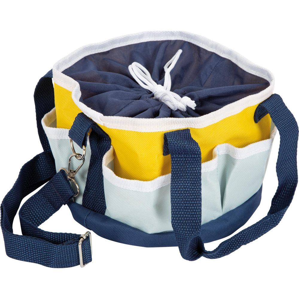 Eine runde Tasche mit mehreren Außentaschen, gelb, hellblau und marineblau.