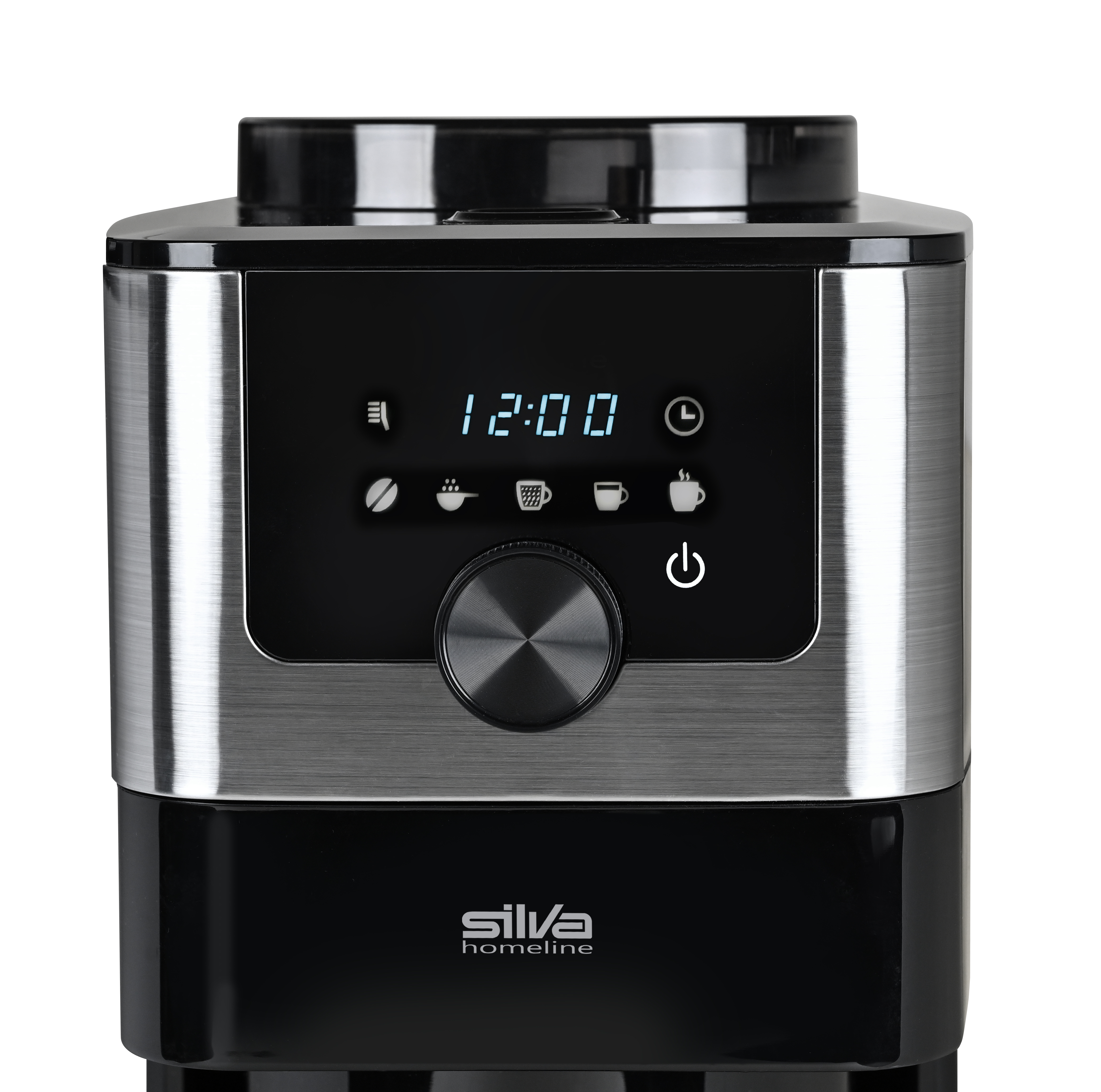 Nahaufnahme des digitalen Displays einer Kaffeemaschine mit 12:00 und Kaffeesymbolen.