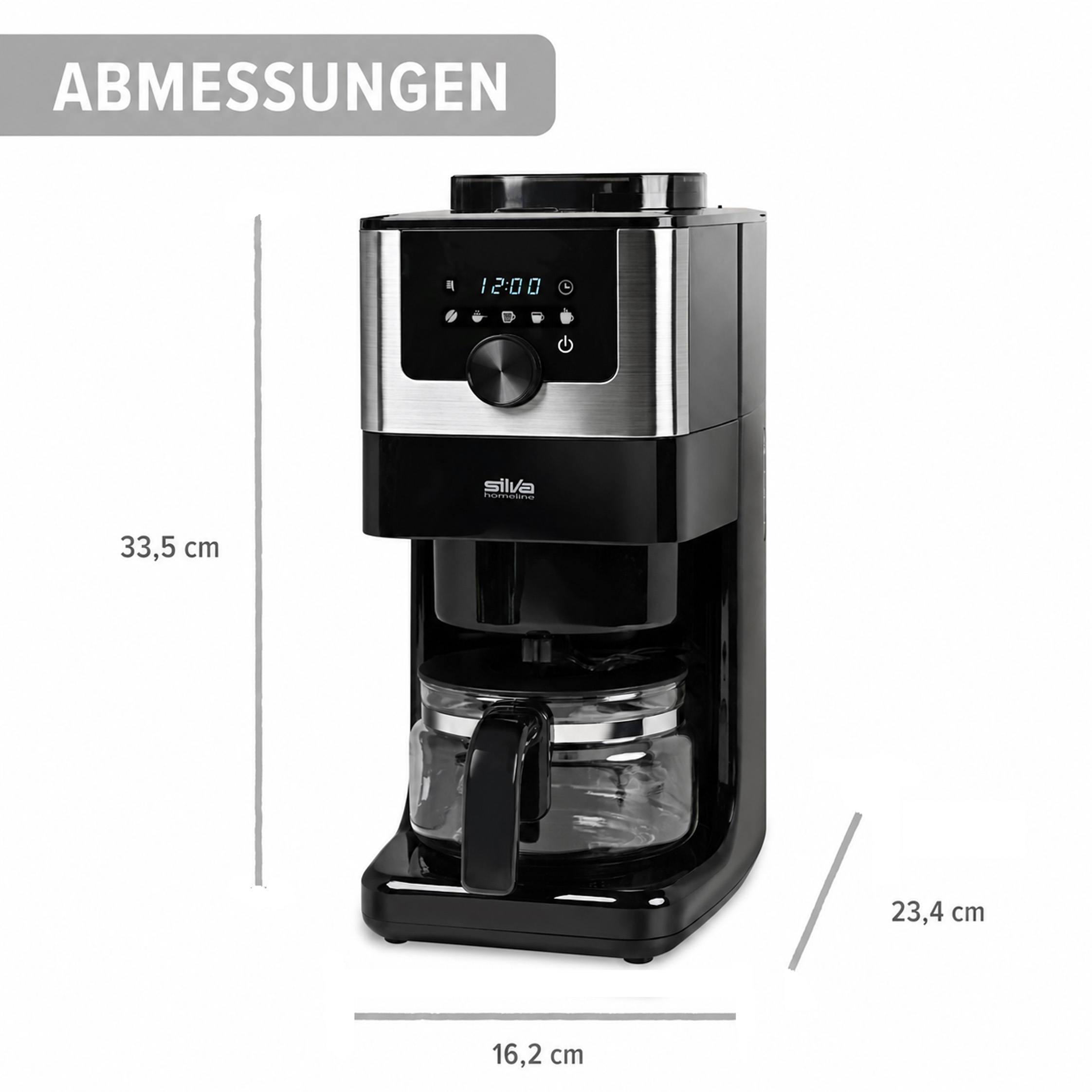 Schwarze Kaffeemaschine mit Glaskanne und digitalen Anzeigen. Maße sind angegeben.