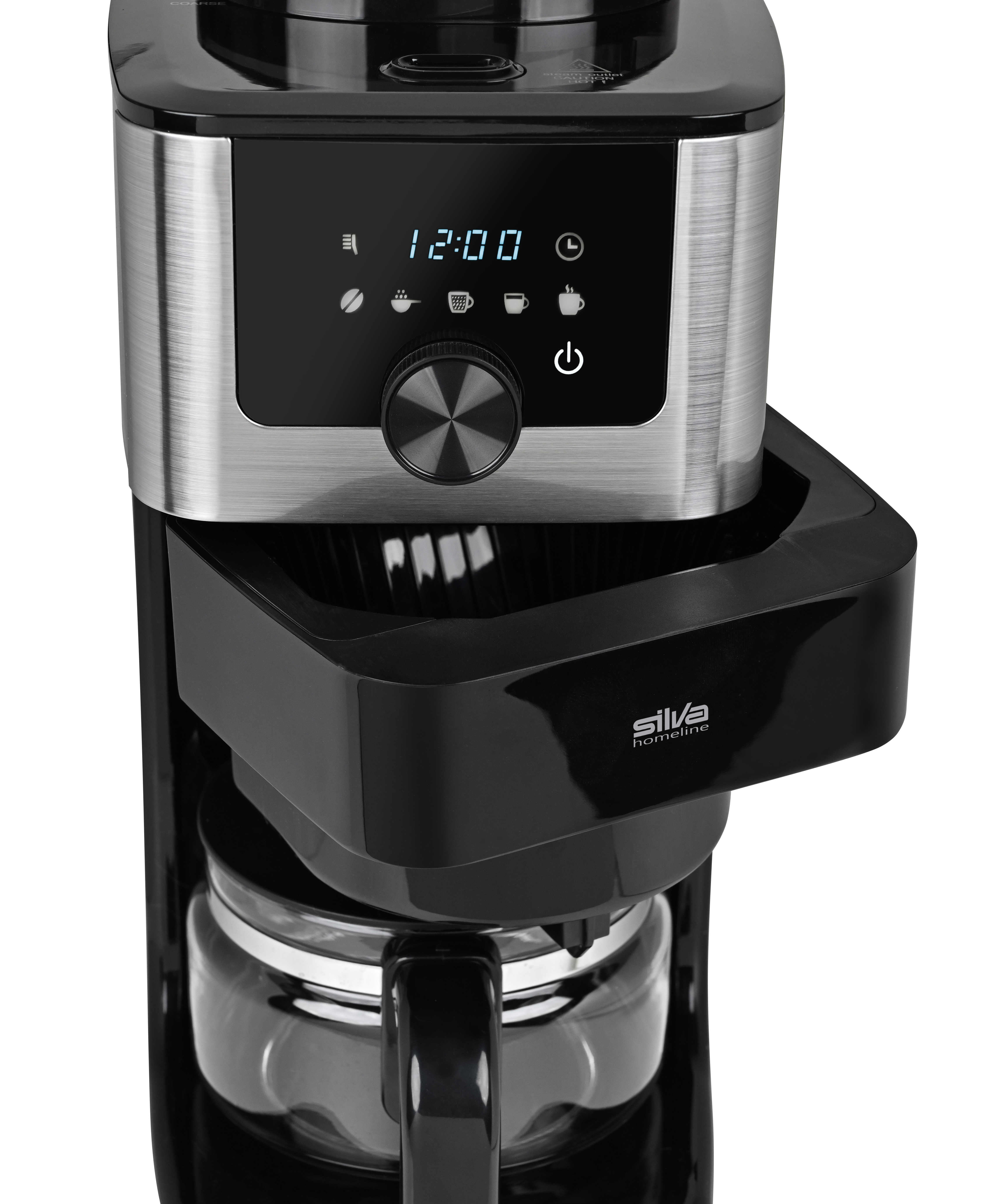 Kaffeemaschine mit digitaler Zeitanzeige, Knopf und Glaskanne.