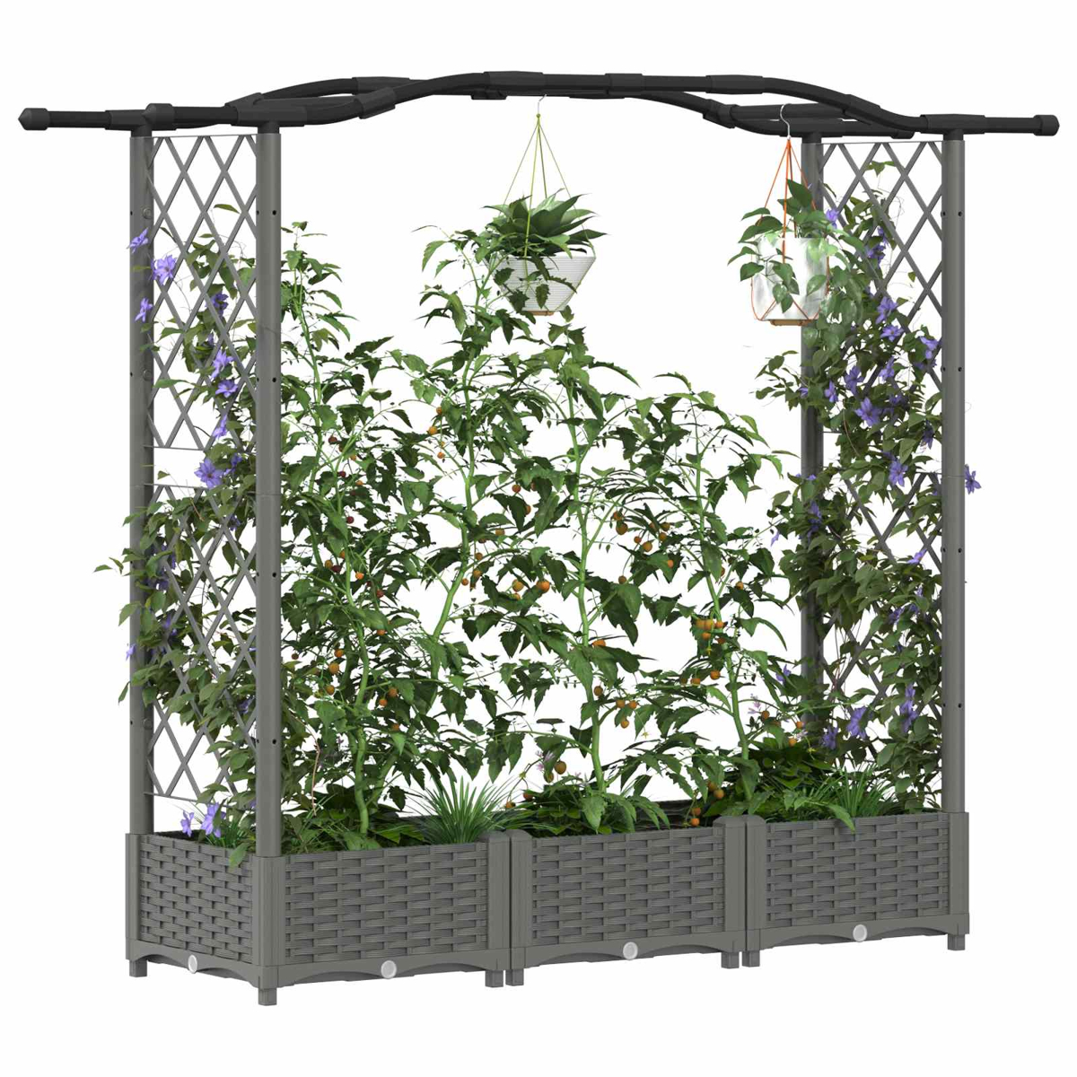 Ein moderner Gartenbogen mit Pflanzen und Blumen in grauen Pflanzkästen.