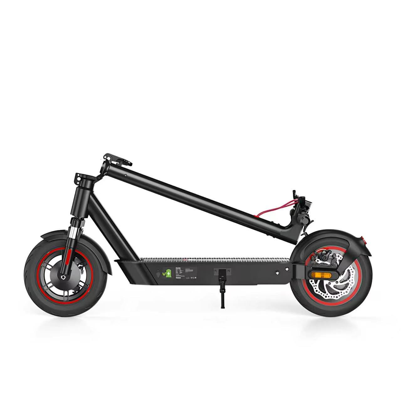 Monopattino elettrico nero con accenti rossi sulle ruote, vista laterale.