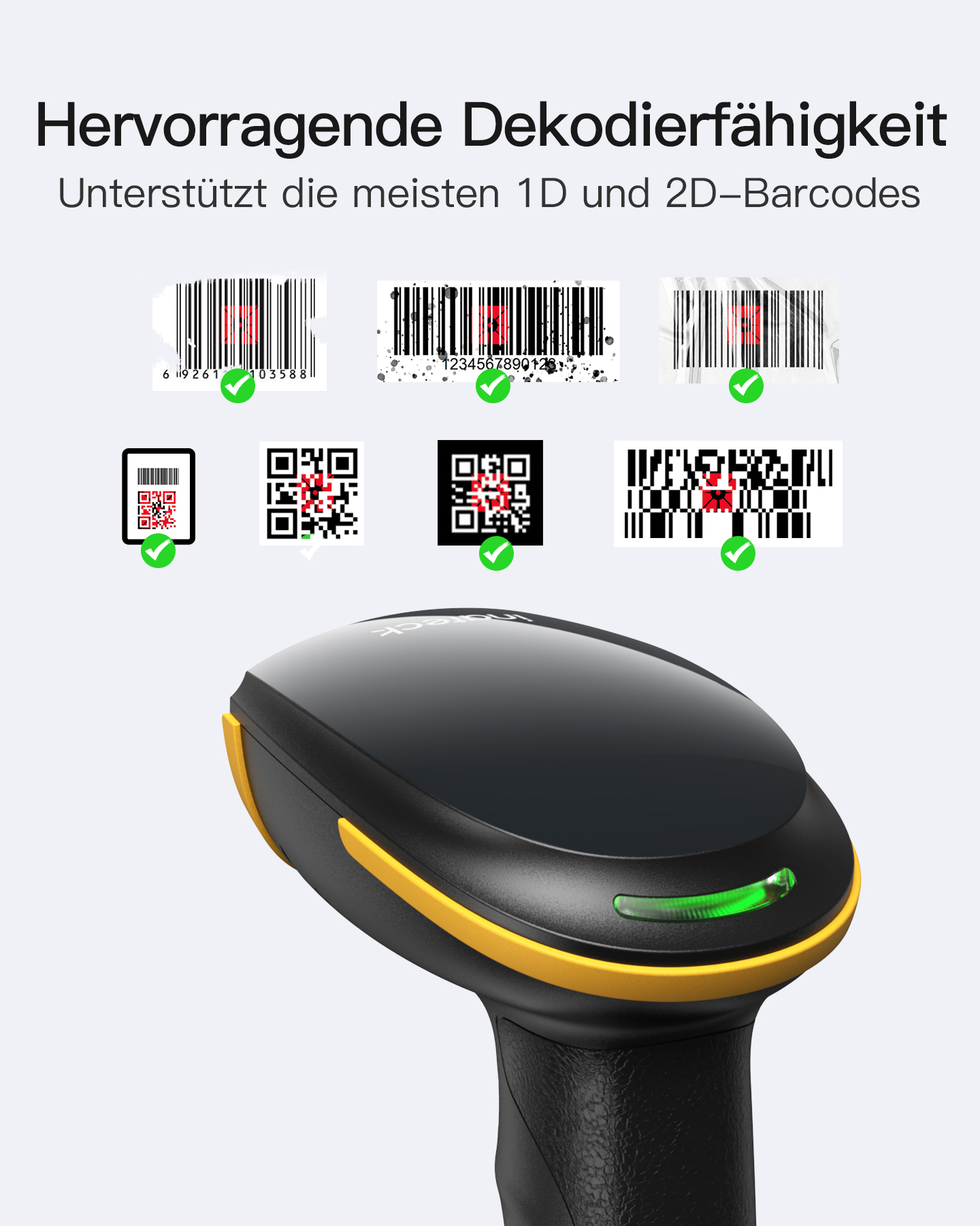 Scanner di codici a barre nero e giallo con esempi di codici 1D e 2D.