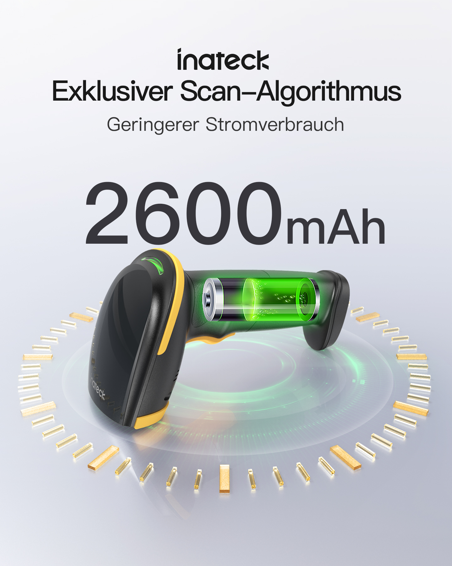 Uno scanner nero e giallo con batteria illuminata da 2600 mAh e barre dorate.