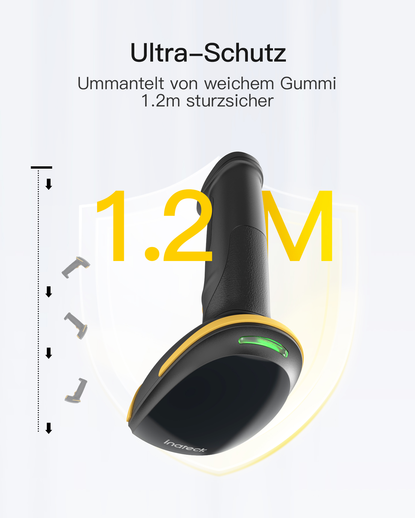 Uno scanner di codici a barre nero e giallo con stampa "1.2M" e "Ultra-Schutz".
