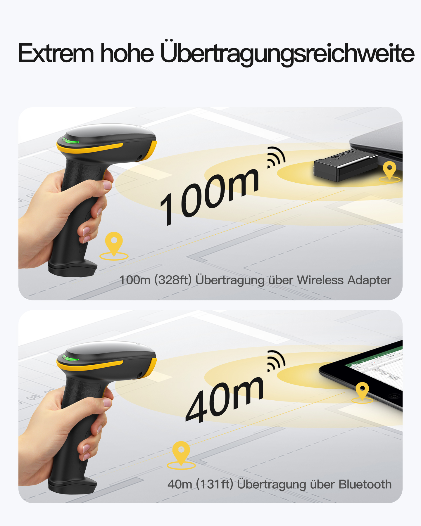 Uno scanner nero con accenti gialli è tenuto. 100m di portata tramite adattatore wireless.