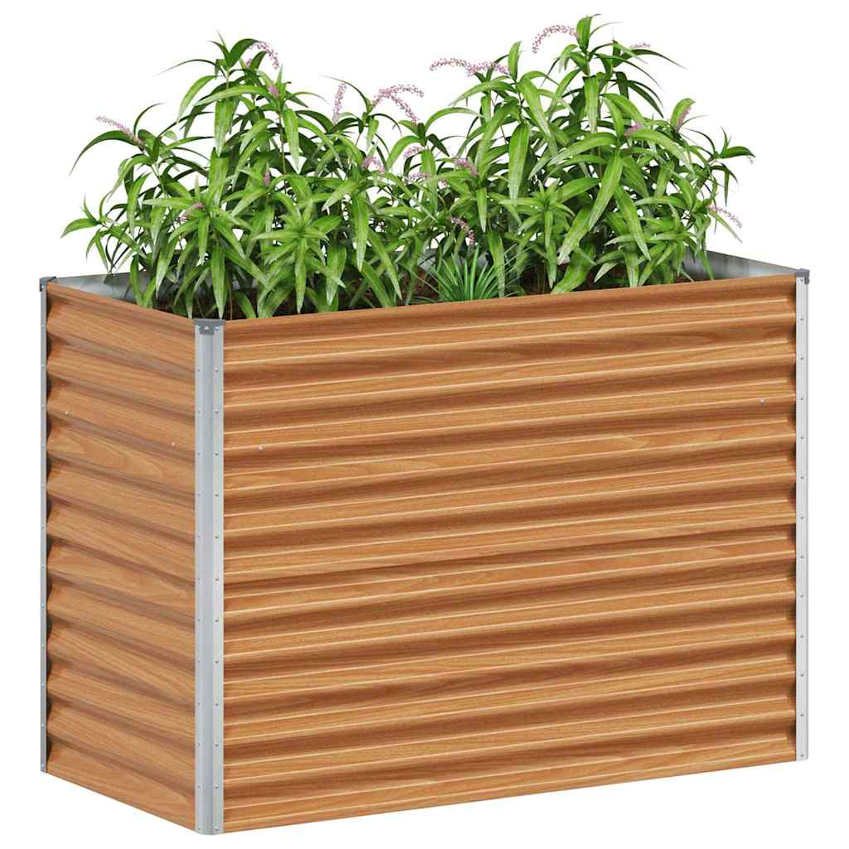 Un letto rialzato rettangolare con venature di legno e piante verdi.